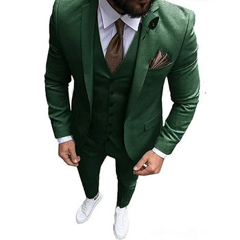 Tamsiai Žalia Jaunikis Tuxedos Vestuvių Dėvėti Pasiekė Atvartas Vieną Mygtuką Custom Made Verslo Vyrų Kostiumai (Švarkas +Liemenė + Kelnės+Kaklaraištis)
