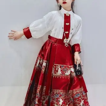 Vaikai Kinijos Hanfu Suknelė Mergaitėms Raudona Tradicinio Siuvinėjimo Arklys-Veido Sijonas Viršūnes Karoliai Kostiumas Vaikams Chinoiserie Tango Kostiumas