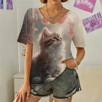 Vasaros Cute Kačių Gėlių 3D Print T-marškinėliai Moterims Atsitiktinis Mados Streetwear trumpomis Rankovėmis V-Kaklo Marškinėliai Harajuku Tees Viršūnes Drabužiai