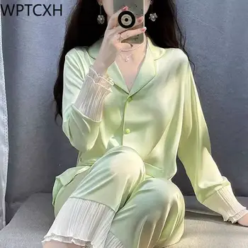 WPTCXH Didelio Dydžio Moteriškos Pavasario Rudens Ledo Šilko Satino Pižama Plona ilgomis Rankovėmis korėjos Versija Laisvi Namų Suknelė Rinkiniai Loungewear