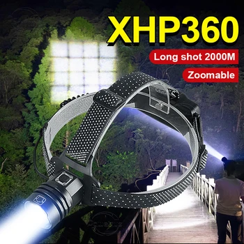 XHP360 High Power LED Nešiojamų Žibintų Vandeniui Outdoof Žibintas Zoomable Galvos Žibintuvėlis 18650 USB Įkrovimo priekinis žibintas