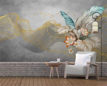 Šiuolaikinės foto tapetai Anotacija rankomis dažyti aukso linijos kraštovaizdžio tropinių augalų miegamajame fone sienų tapybos tapetai